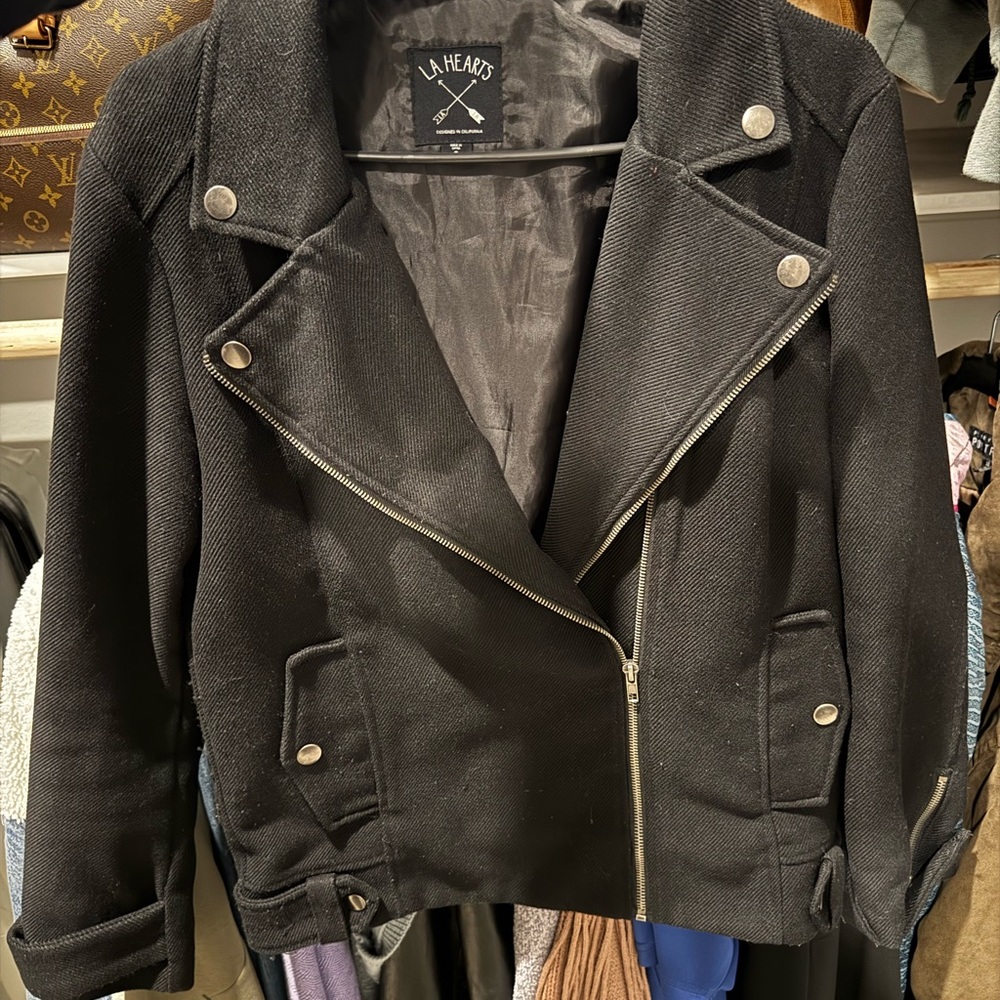 La Hearts Women's Black Leather Jacket with Silver Accents